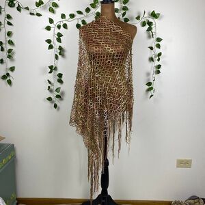 Long diamond mesh poncho shawl multicolor earthy tones fringe boho fairy grunge